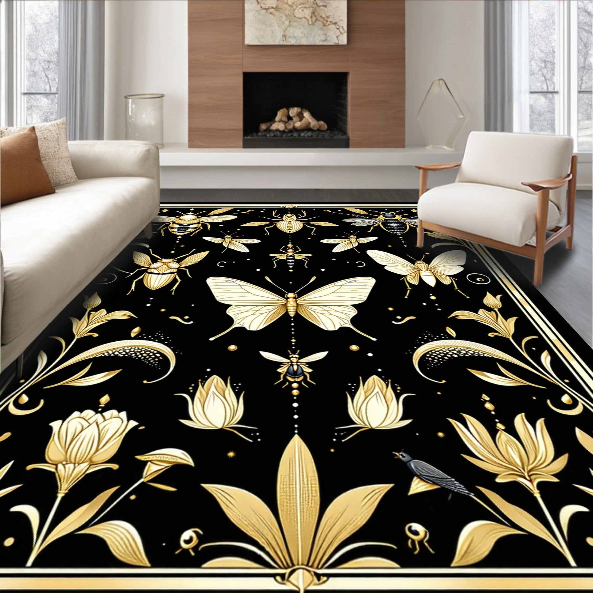 Golden Insects and Floral Art Rug