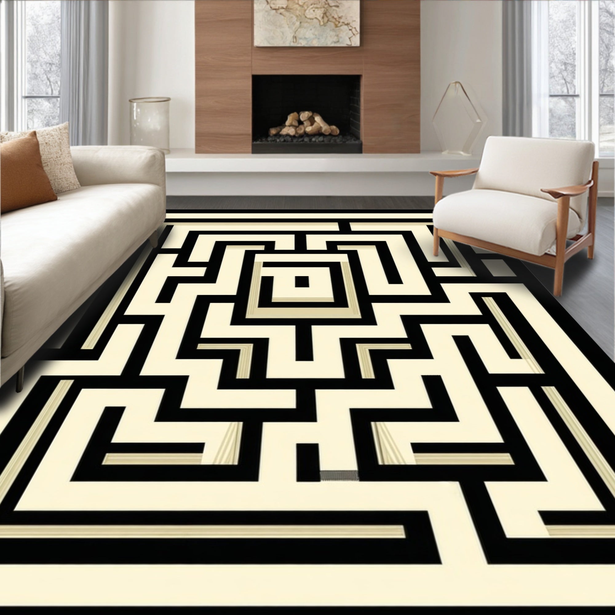Abstract Black Cream Maze Design Rug