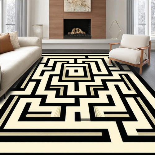 Abstract Black Cream Maze Design Rug