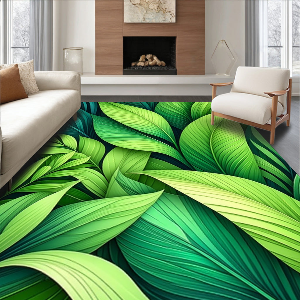 Lush Green Tropical Leaf Pattern Rug