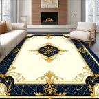 Navy Gold Ornate Floral Medallion Rug