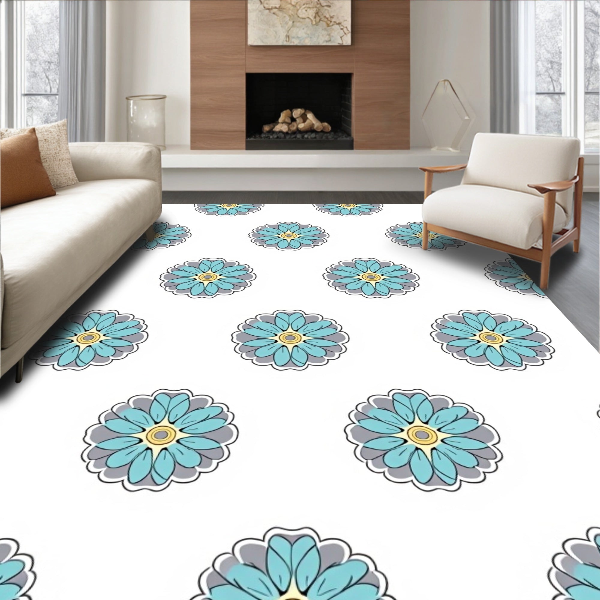 Floral Bloom Pattern with Teal Accents Rug