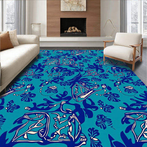 Abstract Blue Cream Floral Pattern Rug