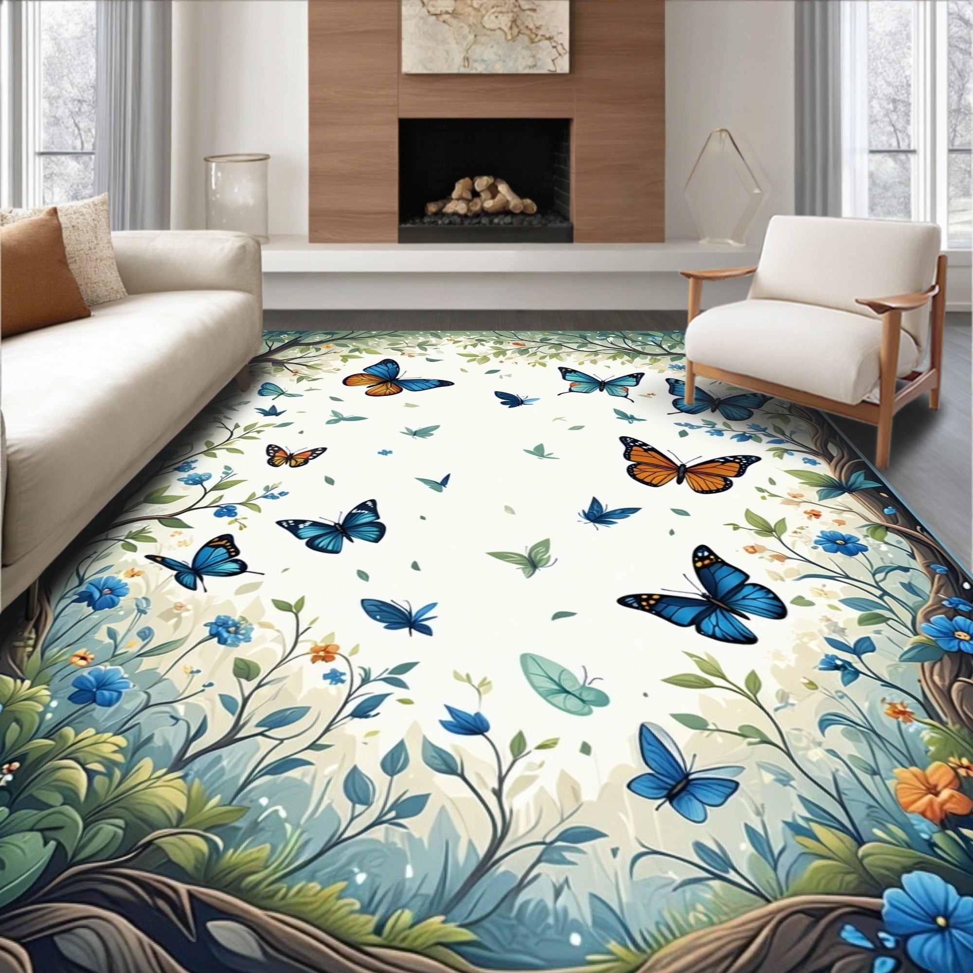 Whimsical Butterfly Forest Pattern Rug