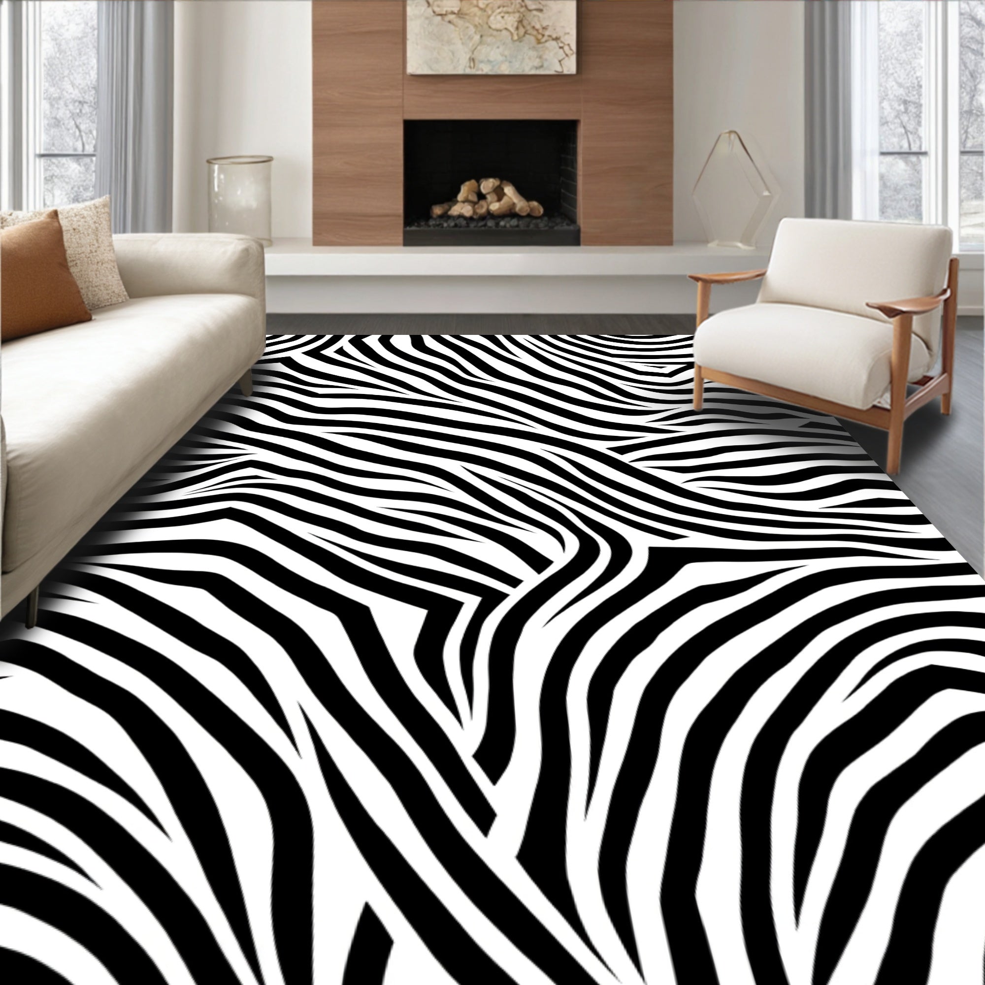 Bold Black White Wavy Lines Rug