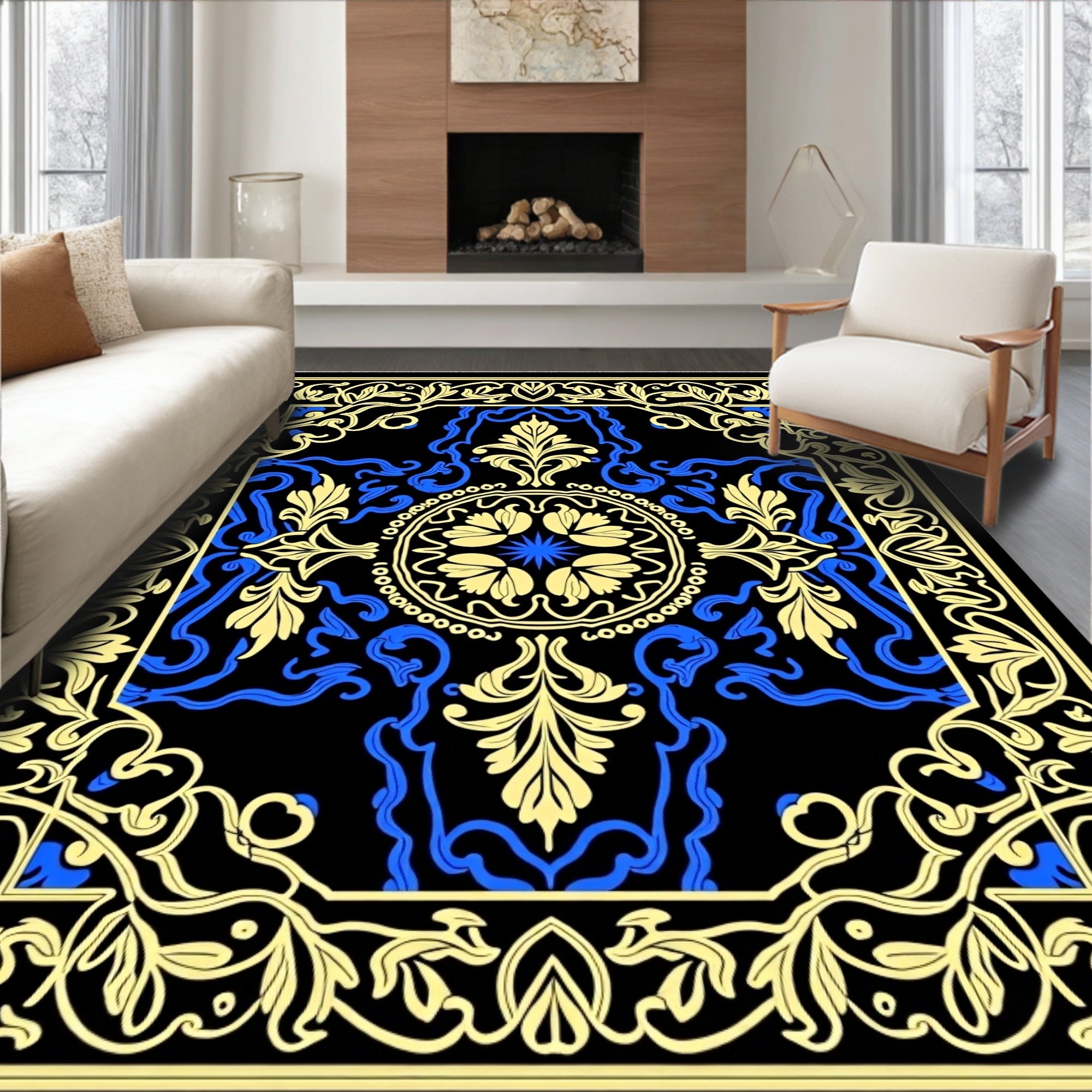 Ornate Floral Medallion Black Blue Rug
