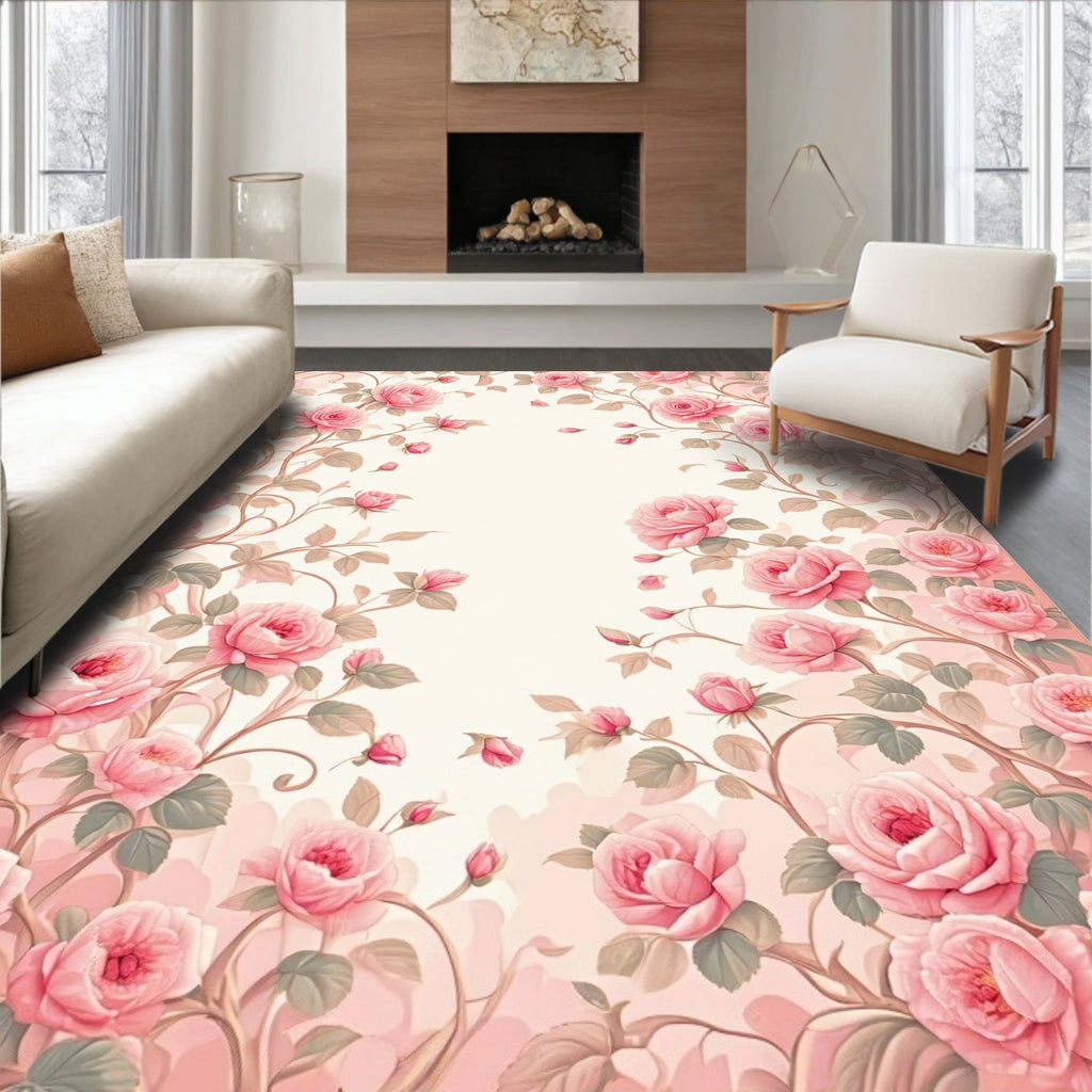 Romantic Pink Floral Vine Design Rug