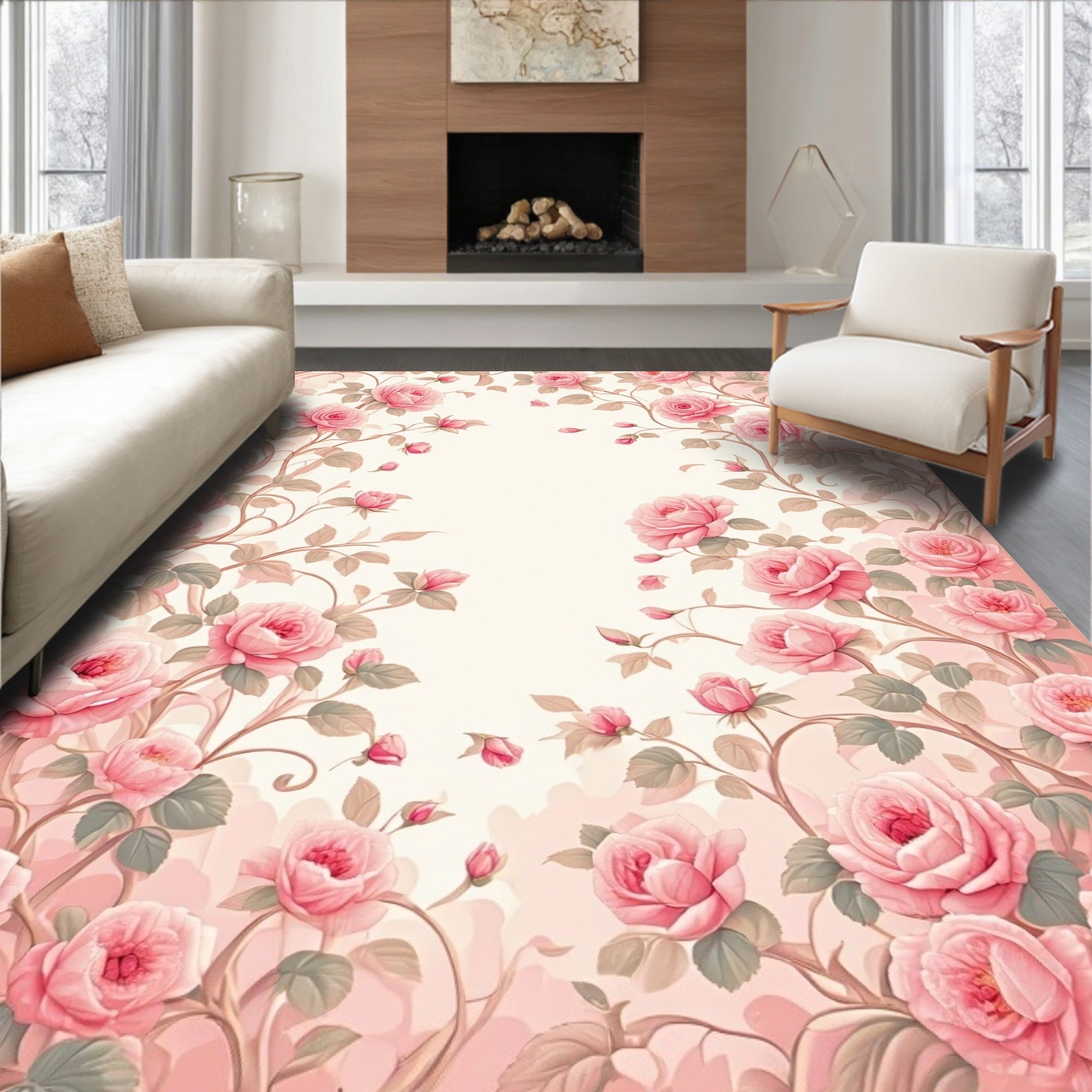 Romantic Pink Floral Vine Design Rug