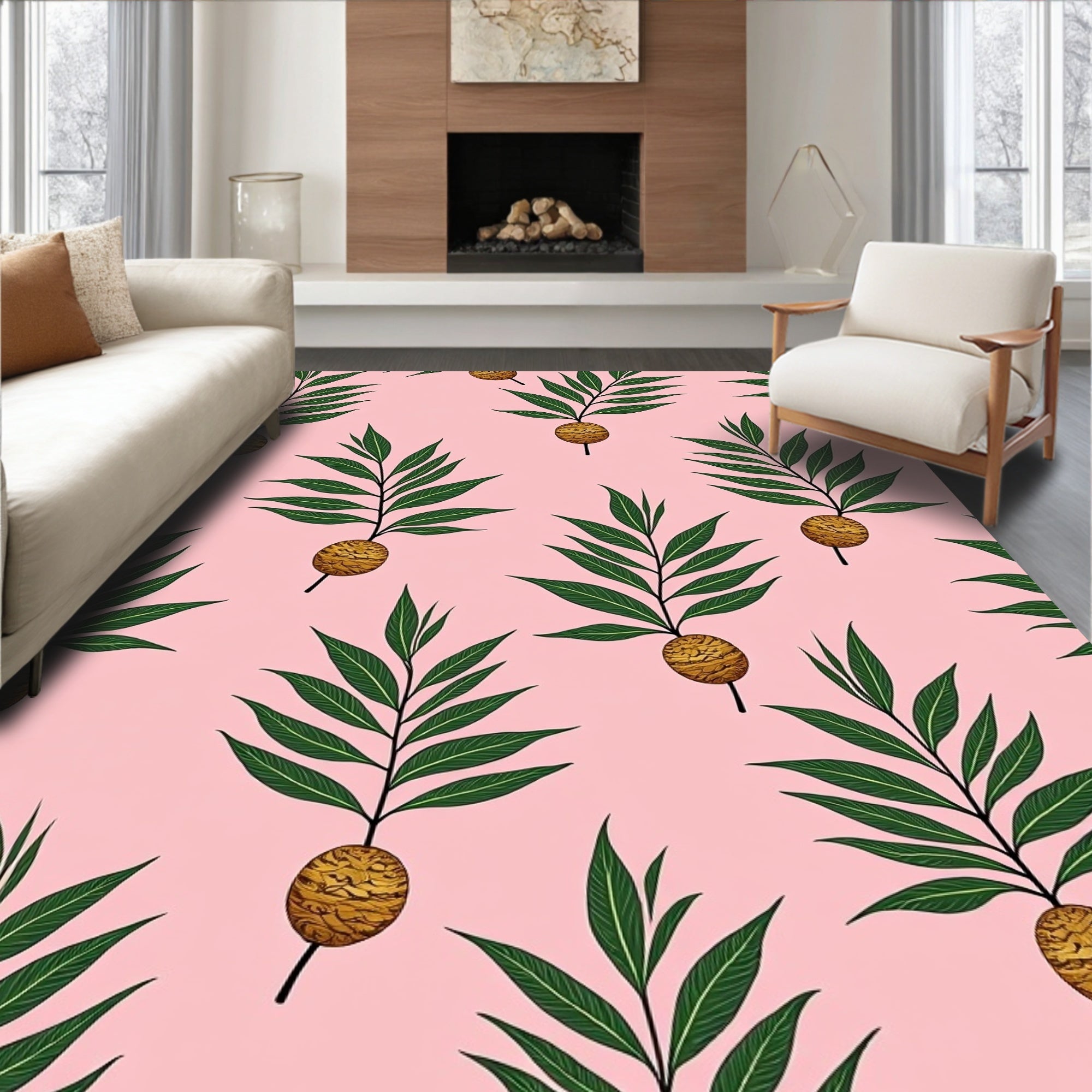 Pastel Pink Botanical Leaf Pod Rug