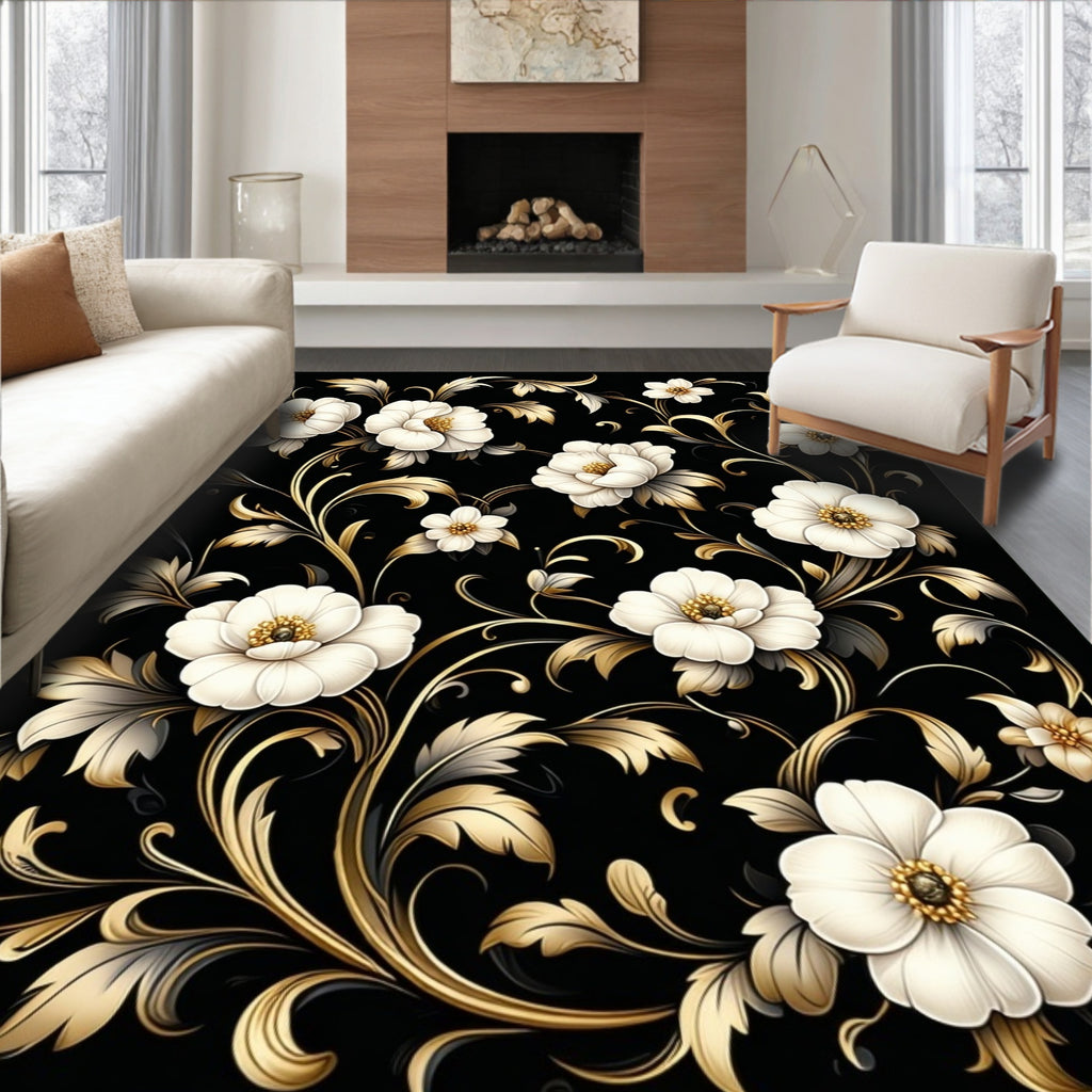 Elegant Floral Accented Black Rug