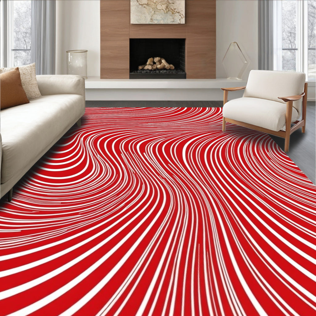 Red White Abstract Swirl Pattern Rug