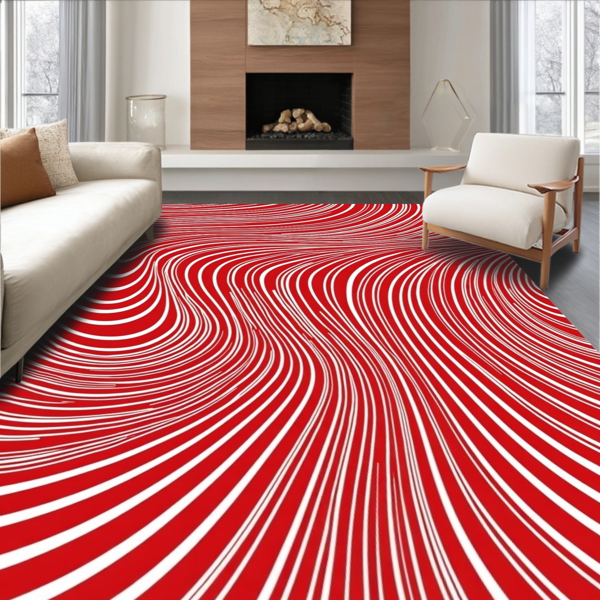 Red White Abstract Swirl Pattern Rug