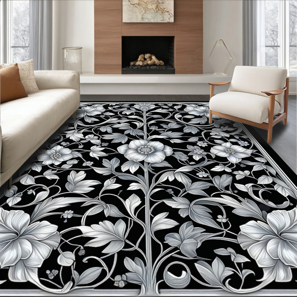 Elegant Black Floral Vine Design Rug