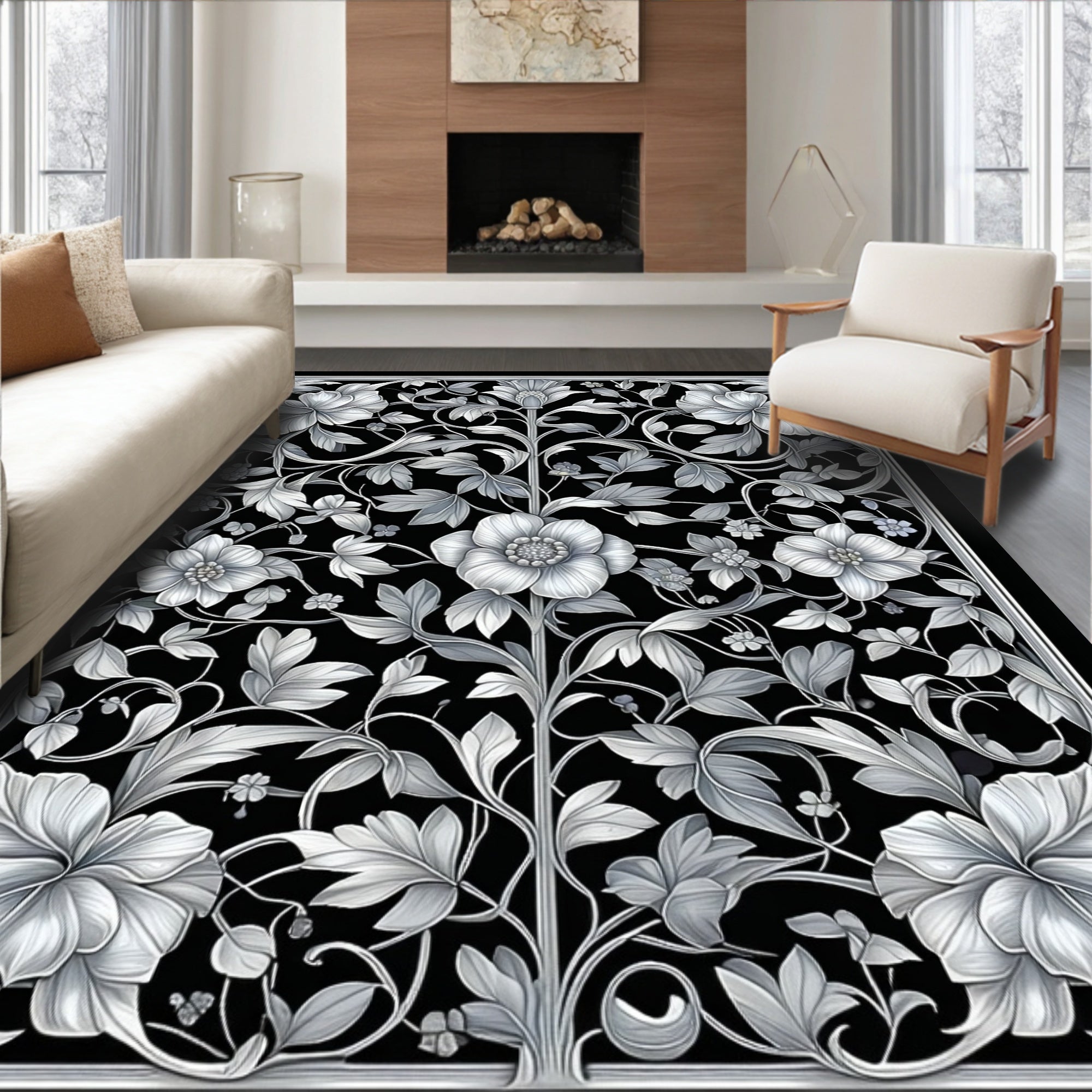 Elegant Black Floral Vine Design Rug