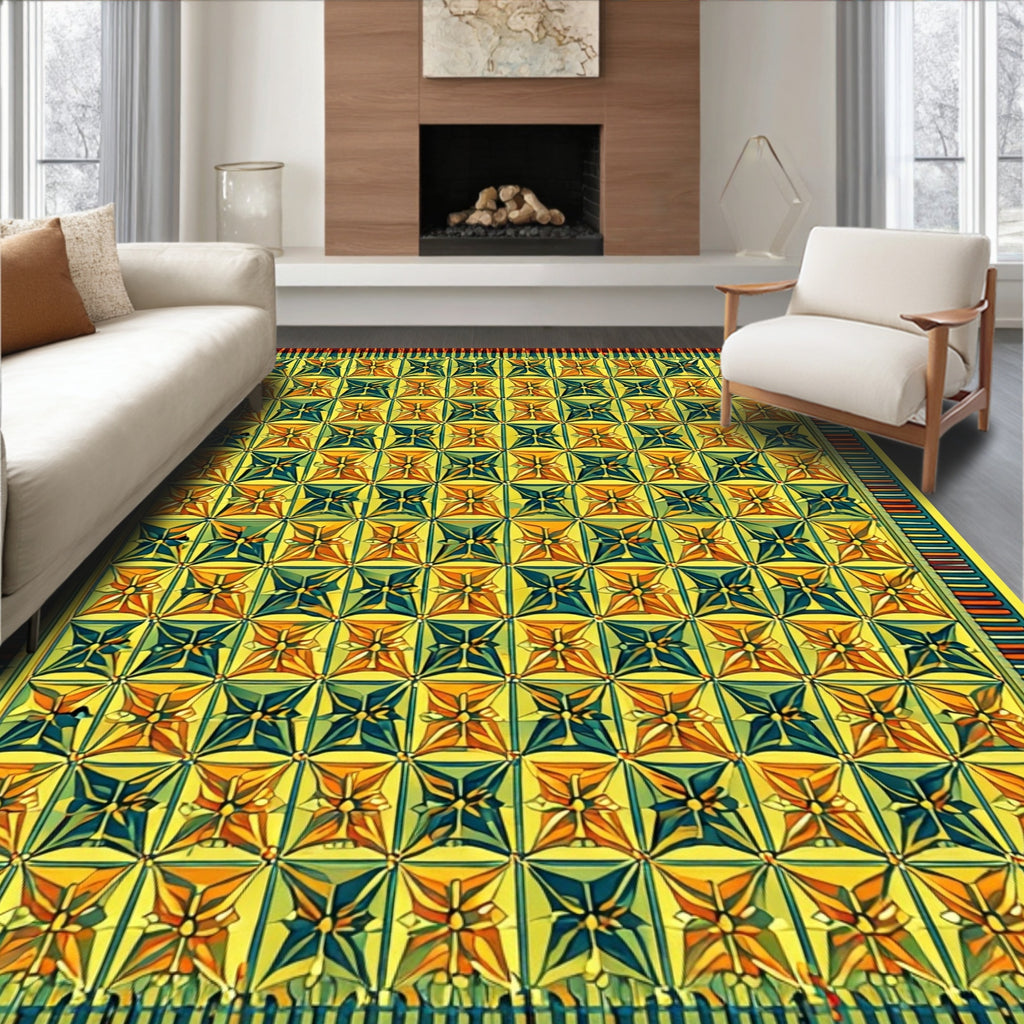 Golden Yellow Geometric Starburst Pattern Rug