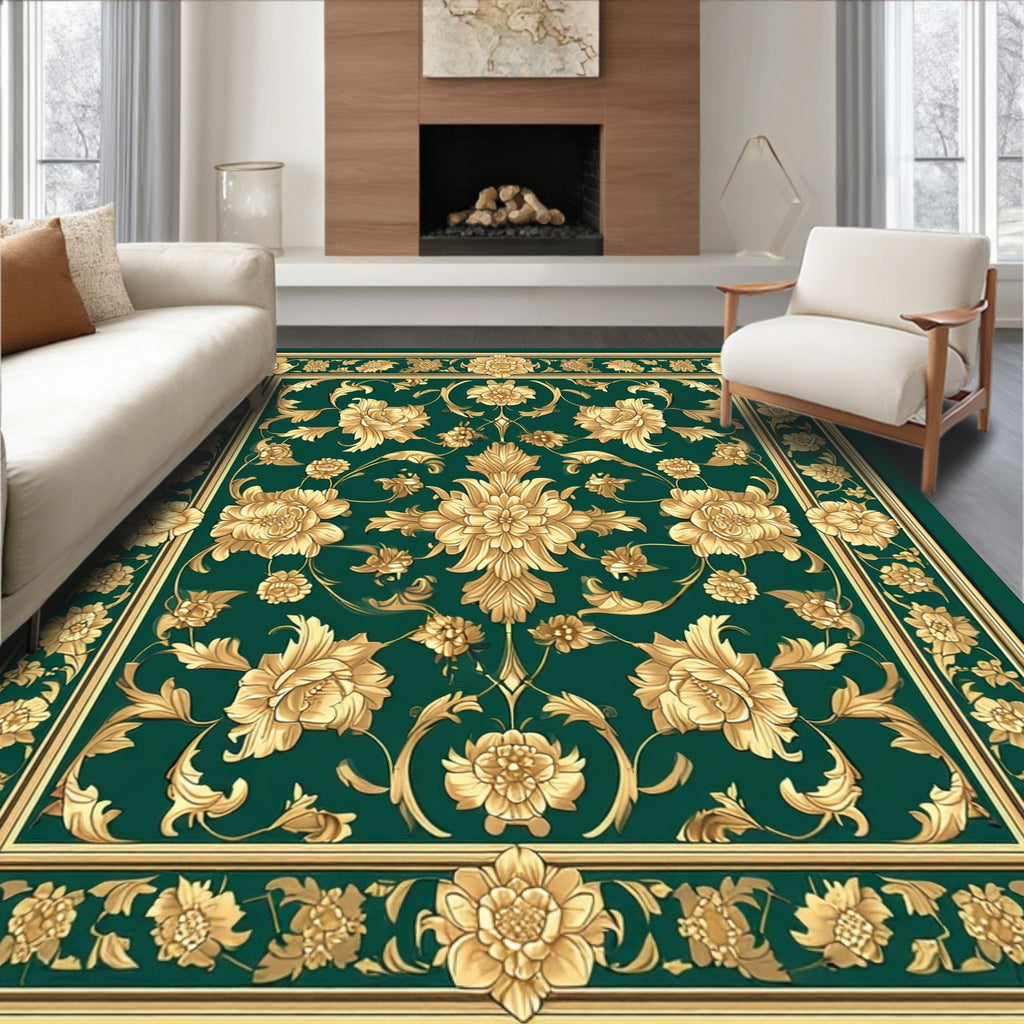Elaborate Gold Floral Damask Pattern Rug