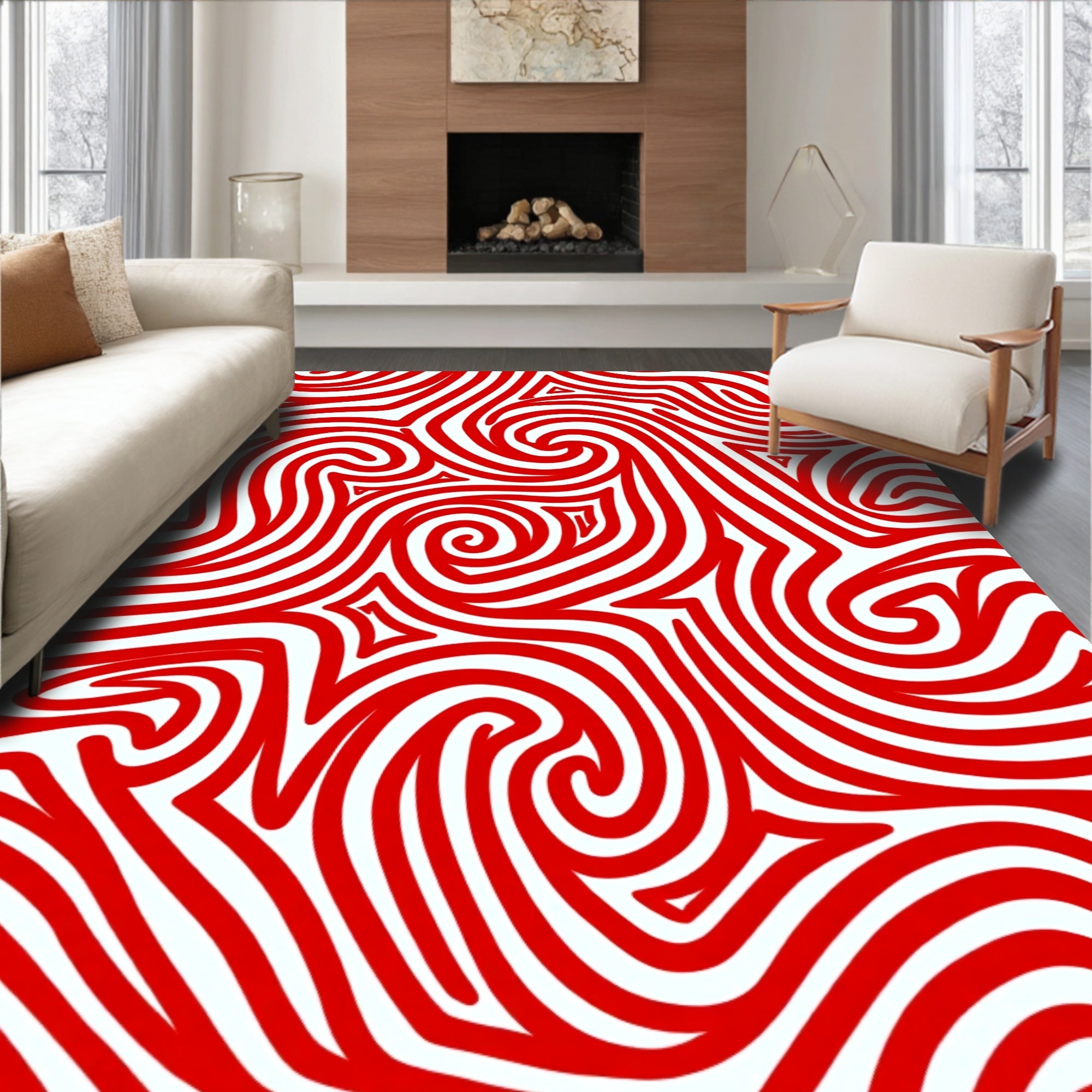 Bold Red Swirl Abstract Lines Rug