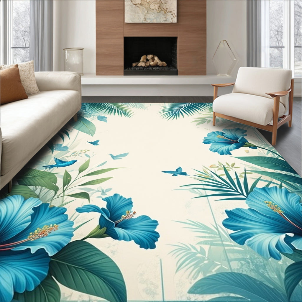 Tropical Blue Hibiscus and Fern Botanical Design Rug