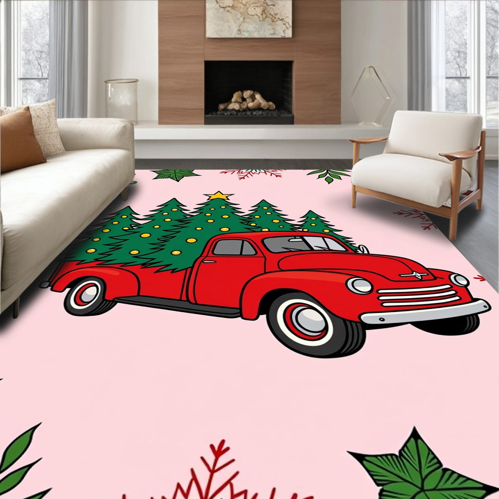 Red Vintage Truck Christmas Trees Rug