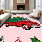 Red Vintage Truck Christmas Trees Rug