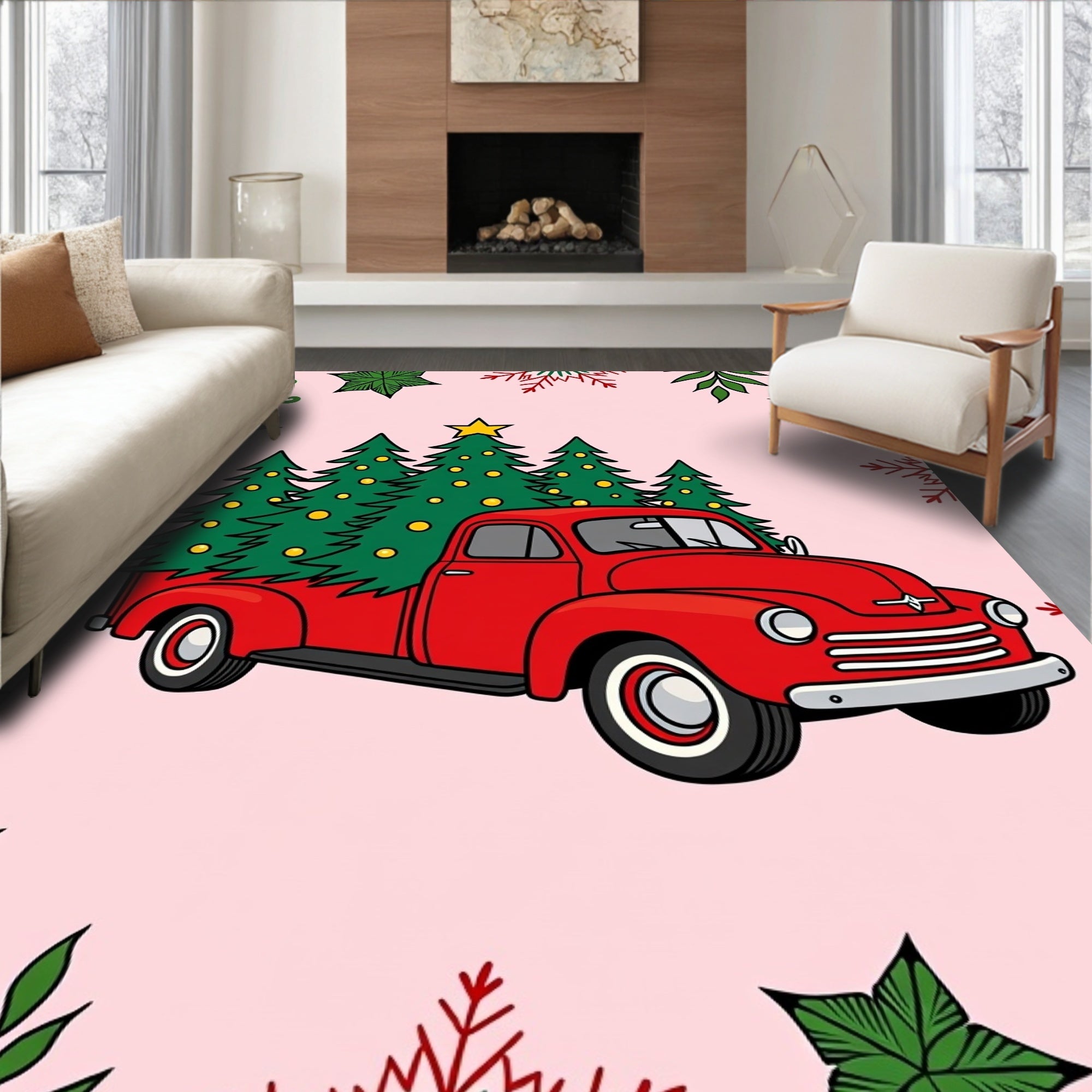 Red Vintage Truck Christmas Trees Rug