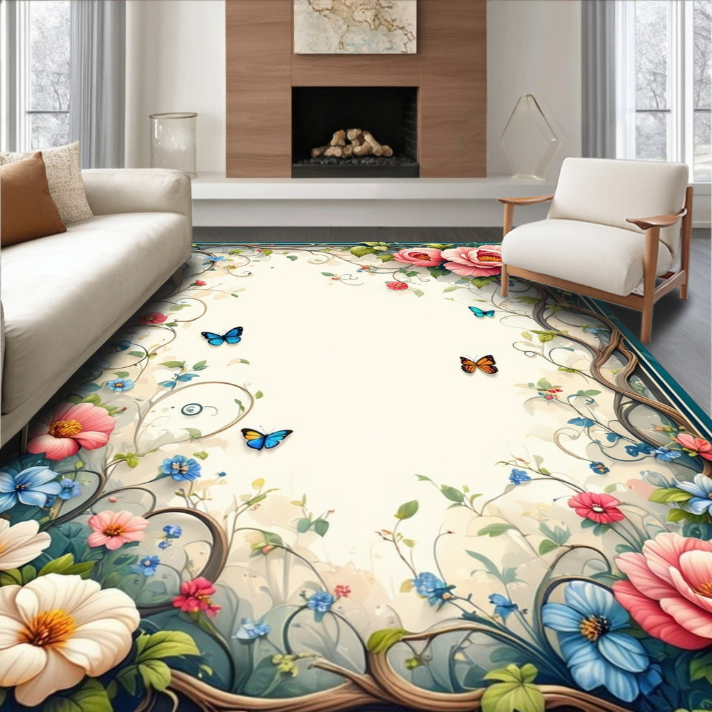 Enchanting Floral Butterfly Botanical Design Rug