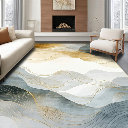 Abstract Gold Navy Wavy Pattern Rug