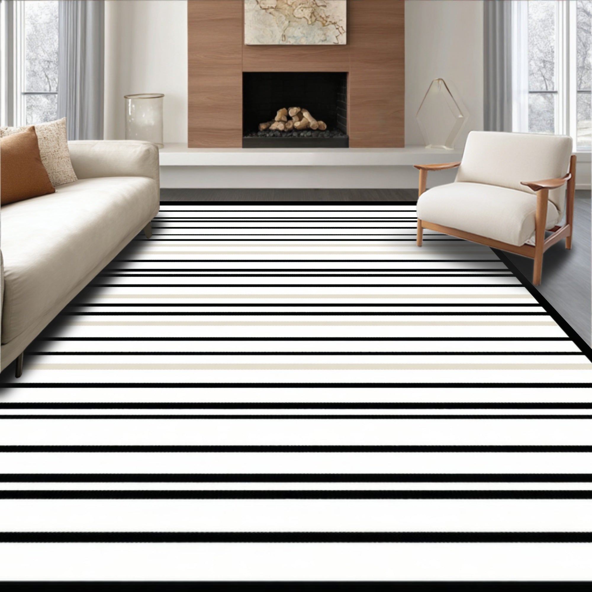 Black Tan Horizontal Stripe Pattern Rug