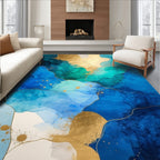 Abstract Blue Teal Gold Fluid Art Rug
