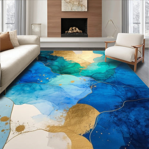 Abstract Blue Teal Gold Fluid Art Rug