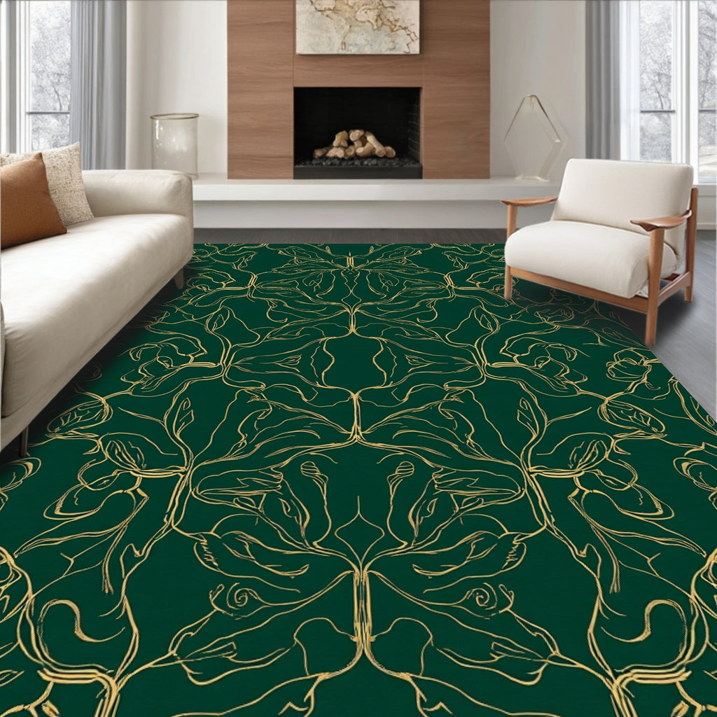 Emerald Green Floral Outline Pattern Rug