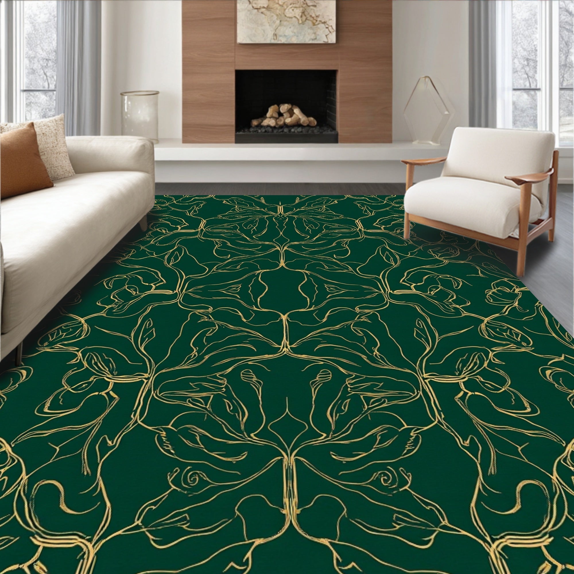Emerald Green Floral Outline Pattern Rug