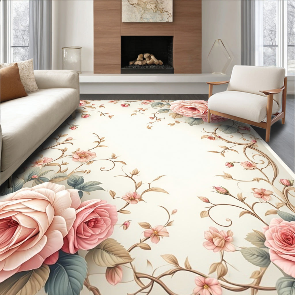 Soft Pink Rose Vine Pattern Rug