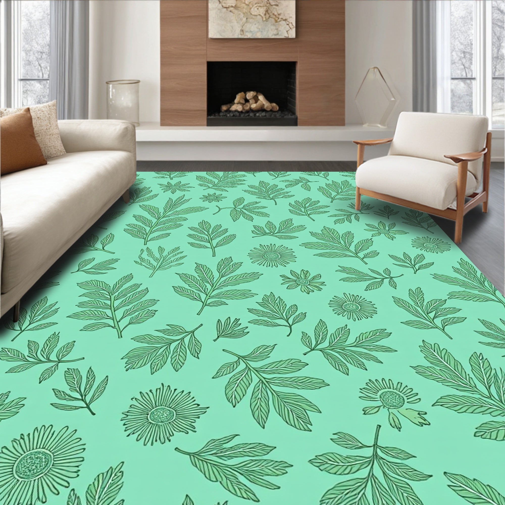 Green Botanical Print Rug