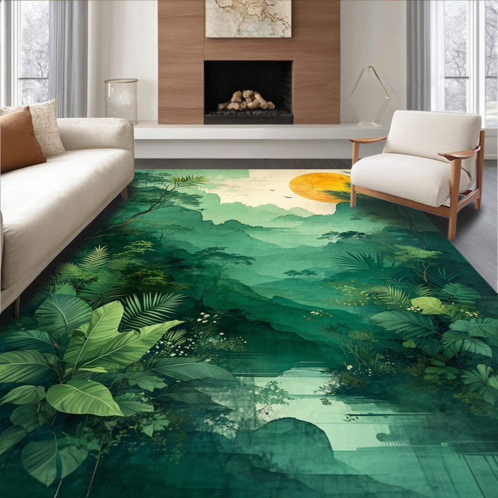 Misty Jungle Landscape With Sun Design Rug