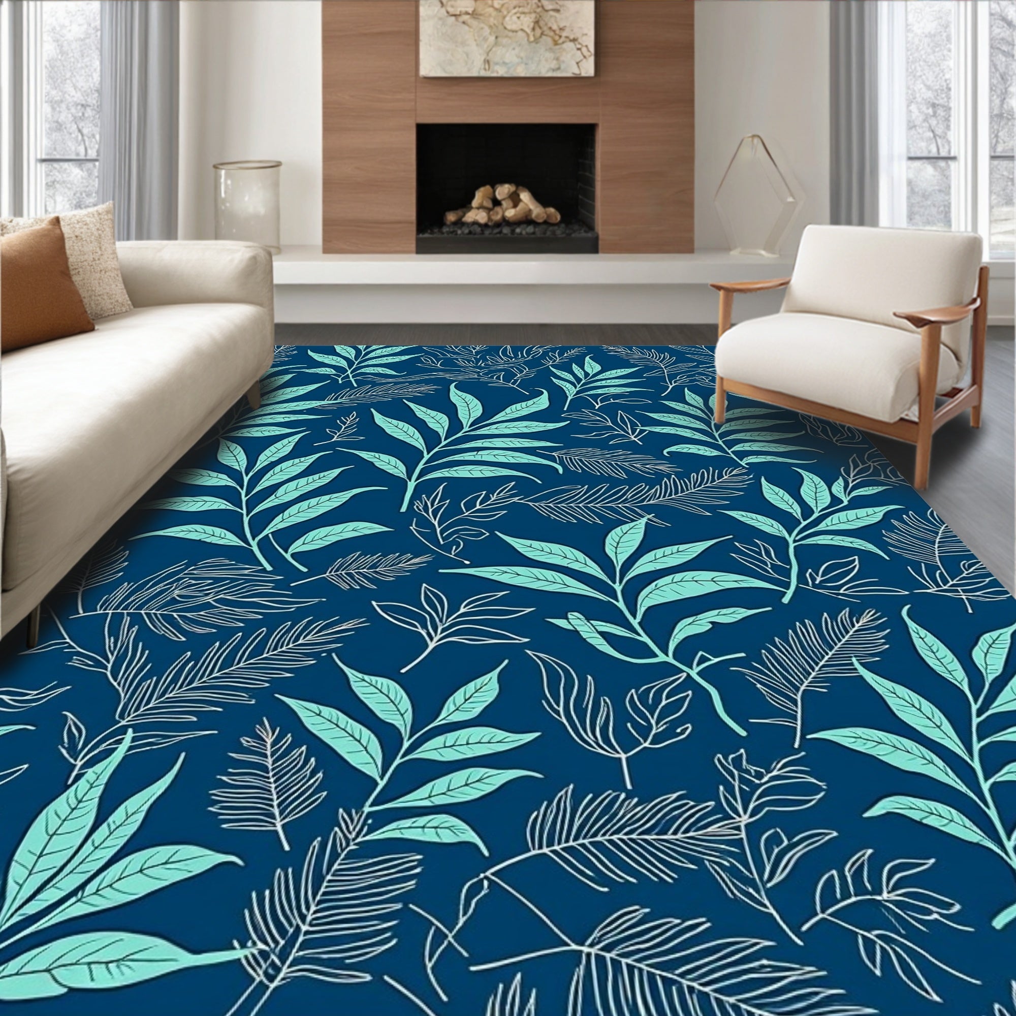 Azure Leaf Pattern Statement Design Rug