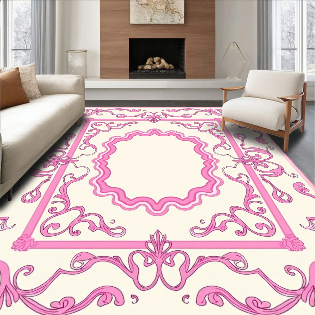 Ornate Pink Filigree Swirls Design Rug