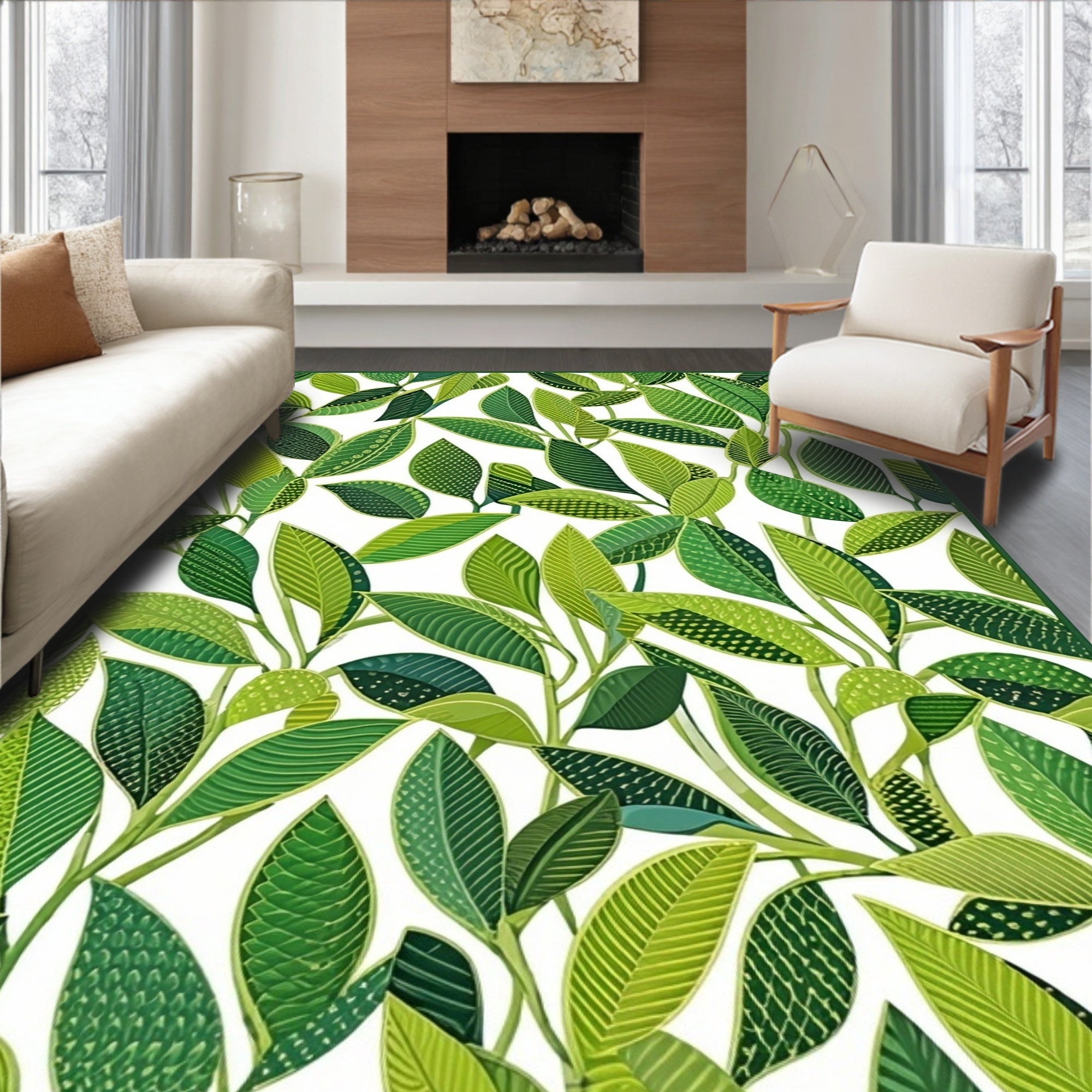 Lush Green Leafy Vine Pattern Rug