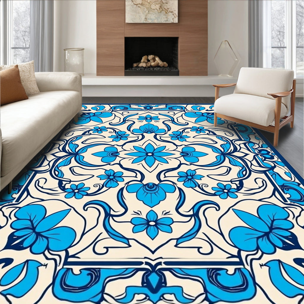 Elegant Blue Floral Art Nouveau Rug