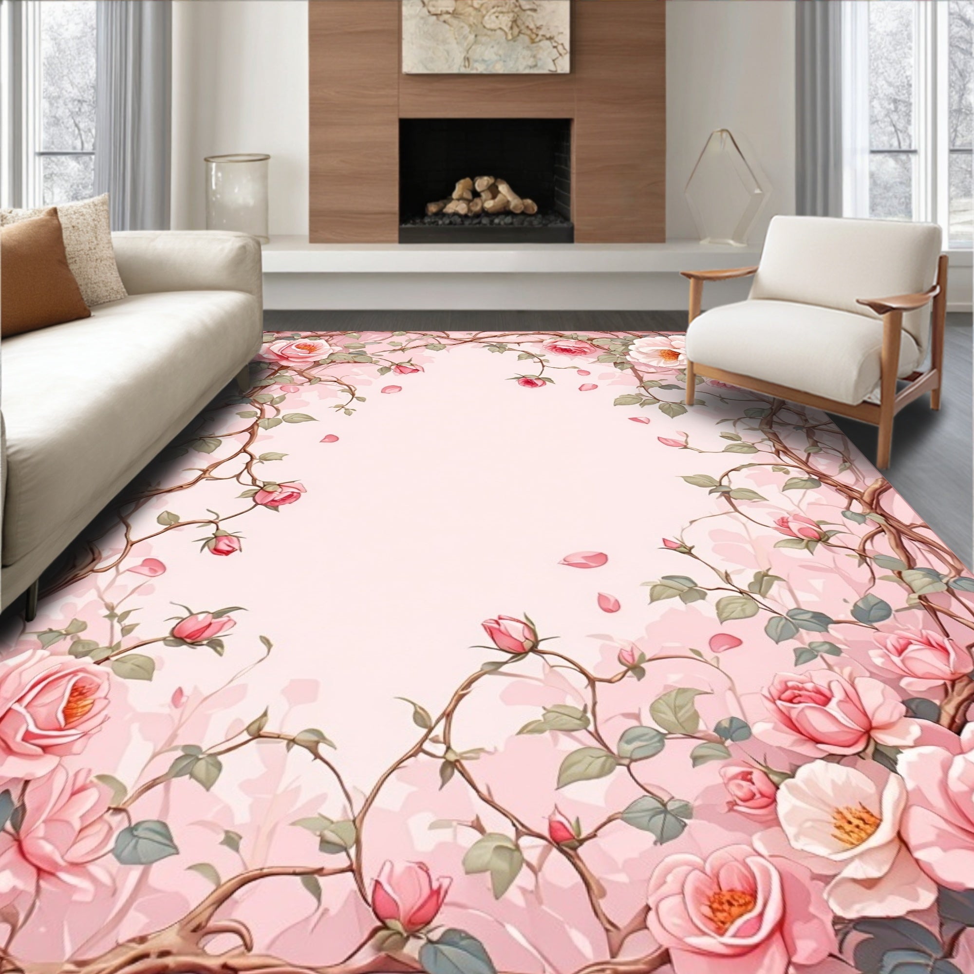 Pink Rose Vine Floral Pattern Rug