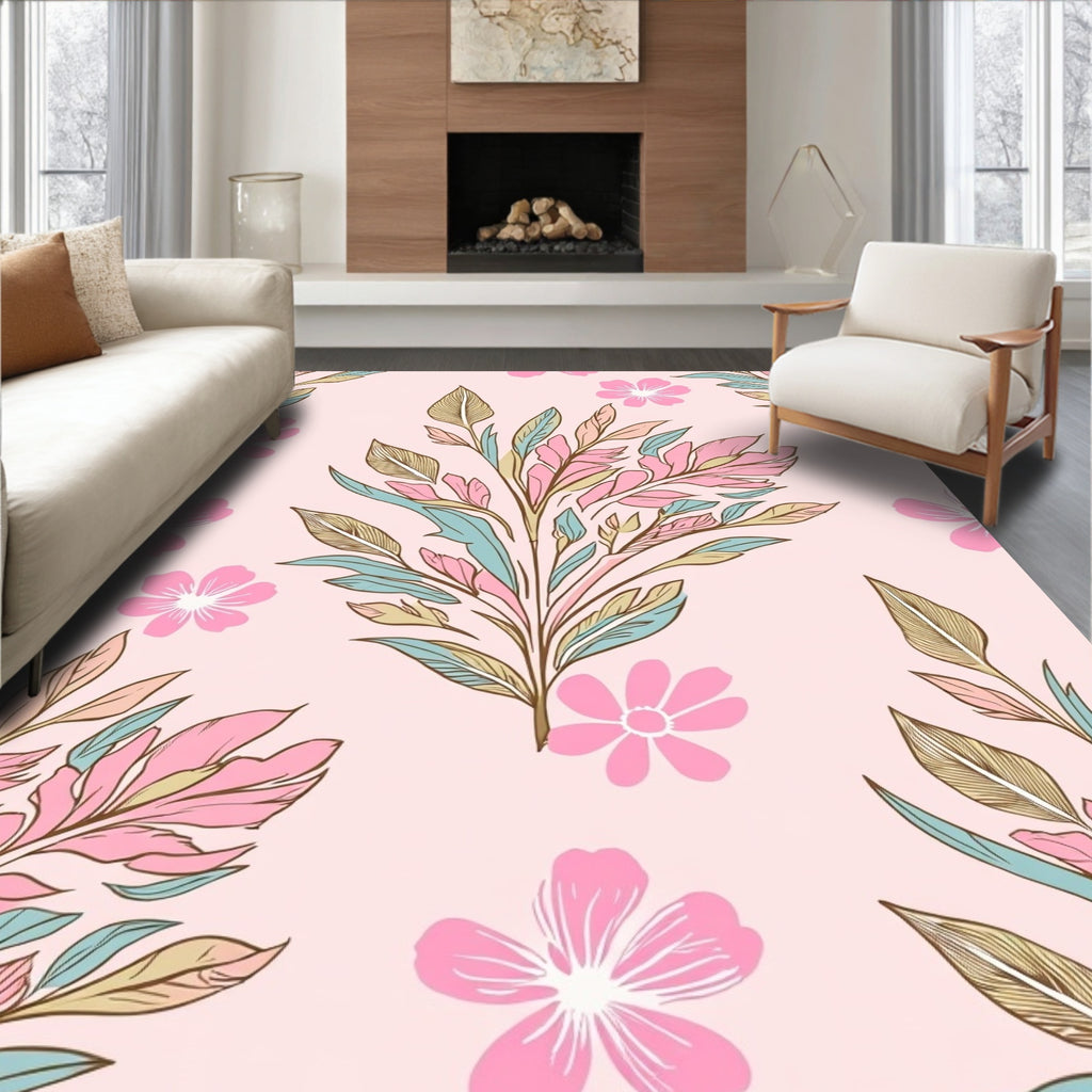 Soft Pink Floral Botanical Design Rug