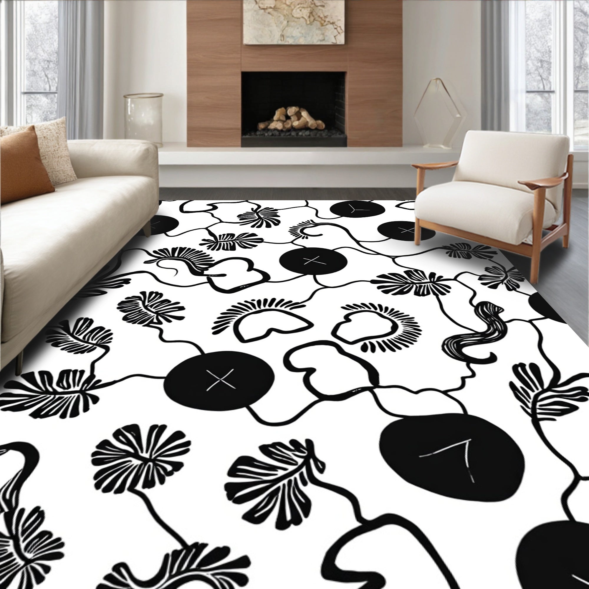 Organic Vine Blossom Outline Pattern Rug