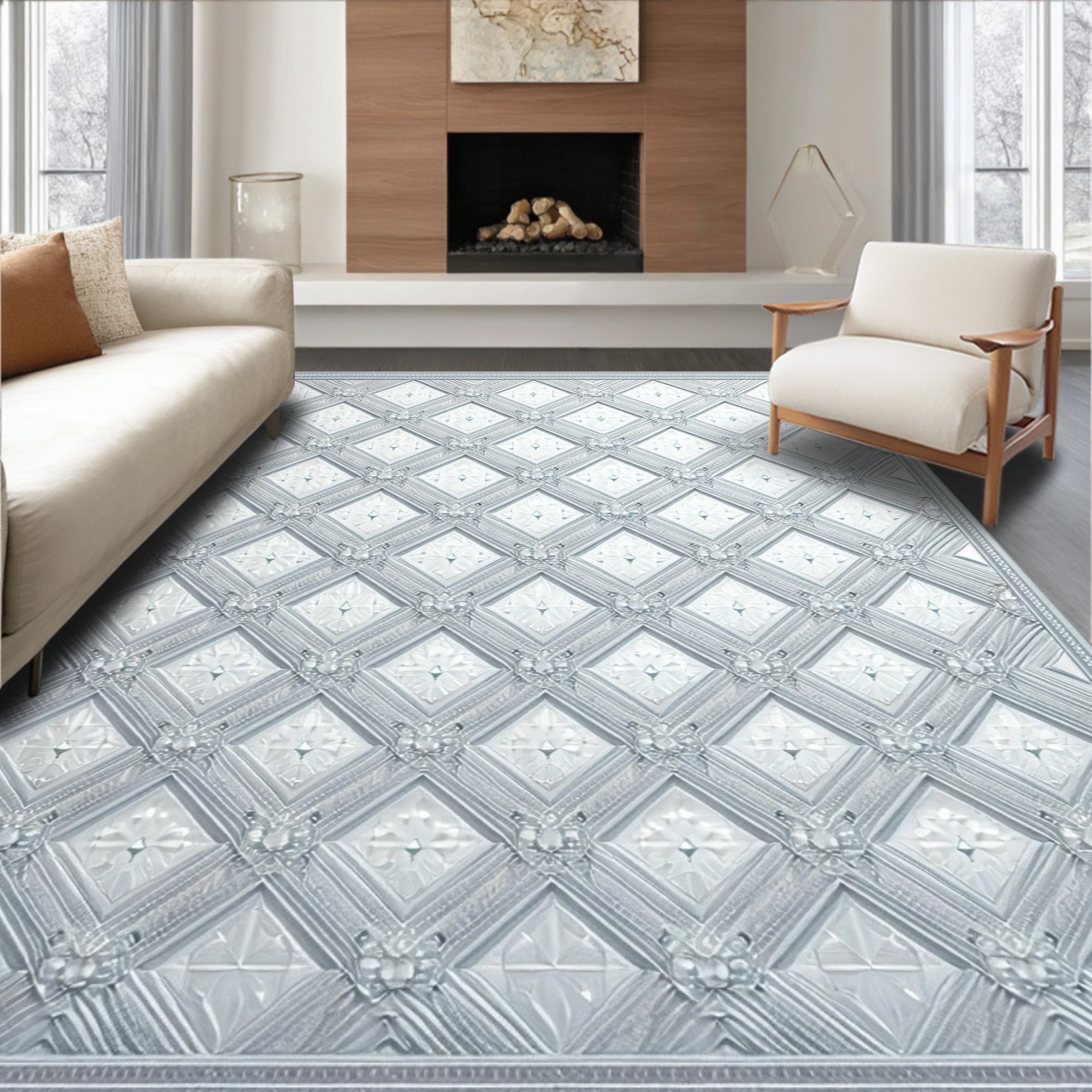 Elegant Diamond Floral Relief Pattern Rug