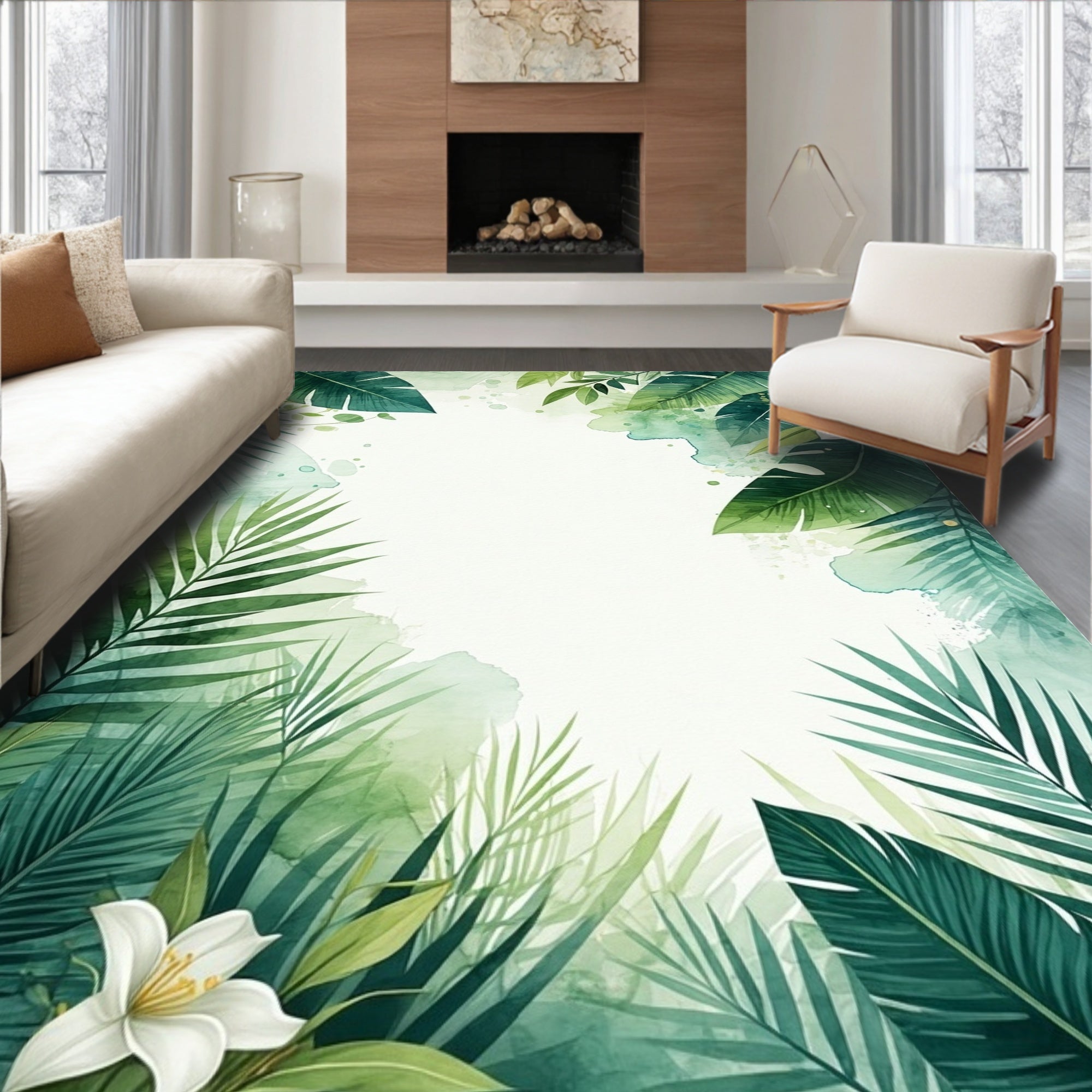 Tropical Greenery Watercolor Leaf Design Rug