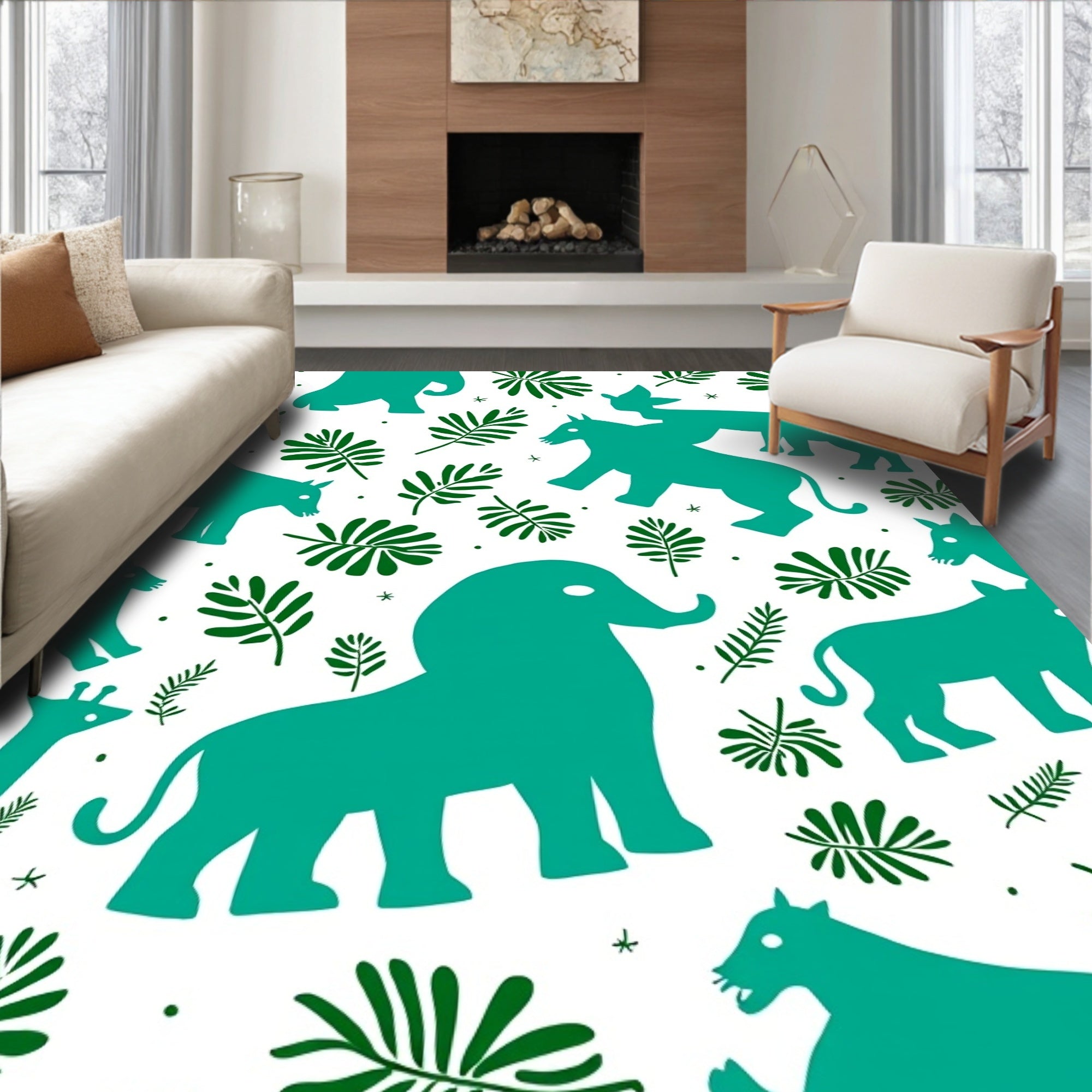 Teal Jungle Animal Silhouette Pattern Rug