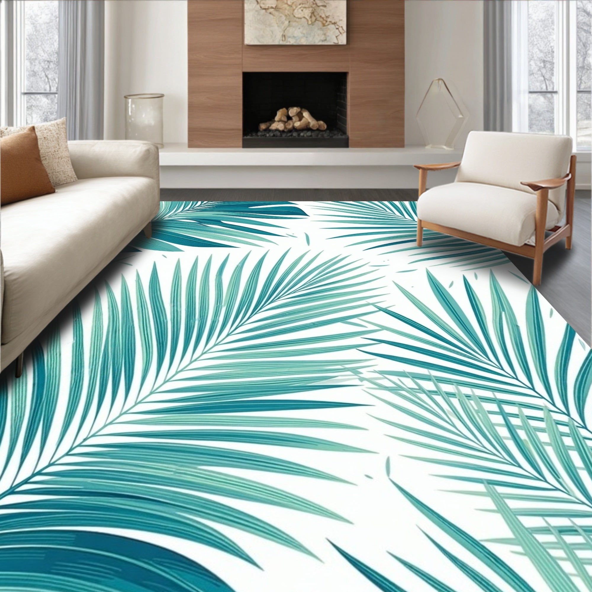 Tropical Teal Palm Fronds Pattern Rug