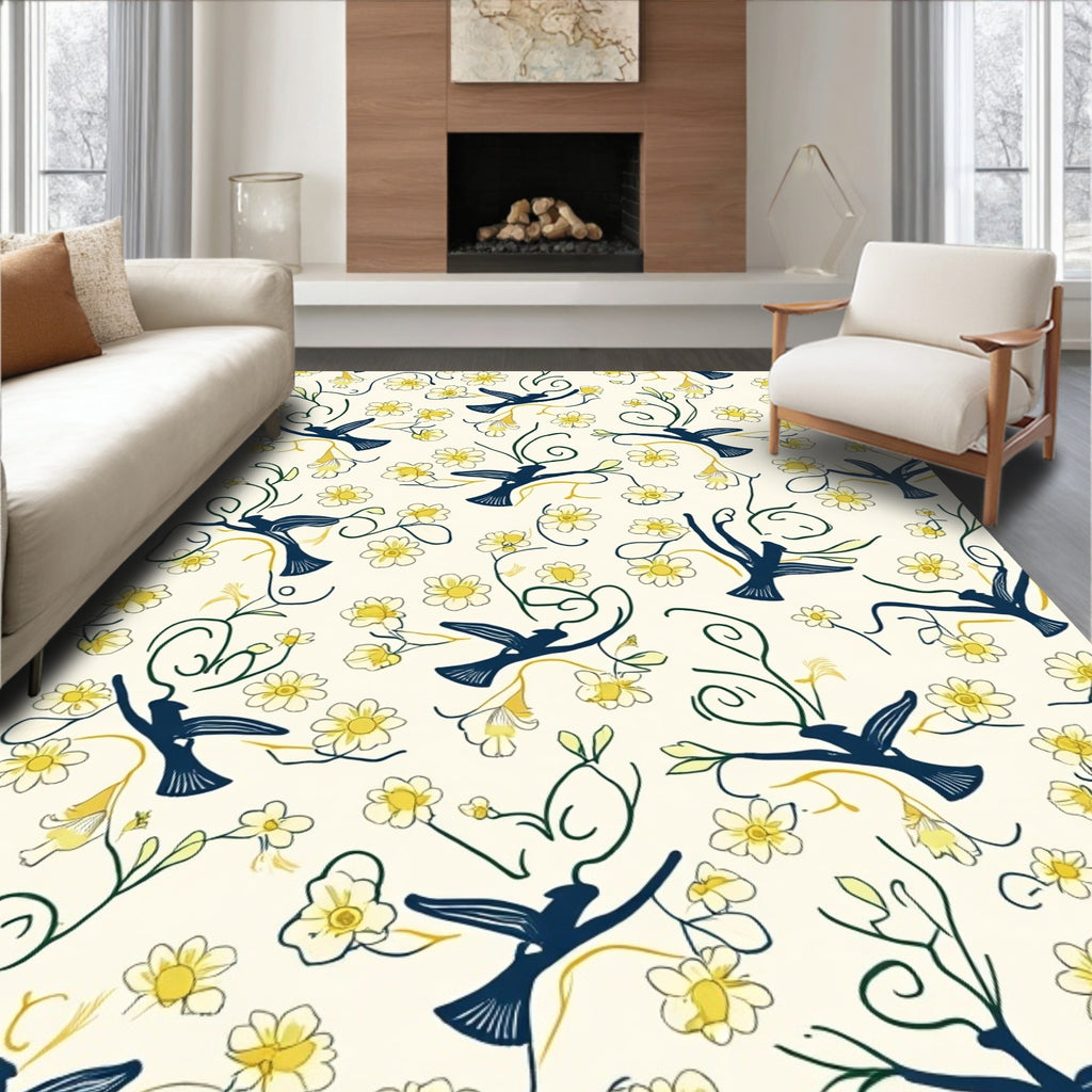 Birds And Daisies Floral Pattern Rug
