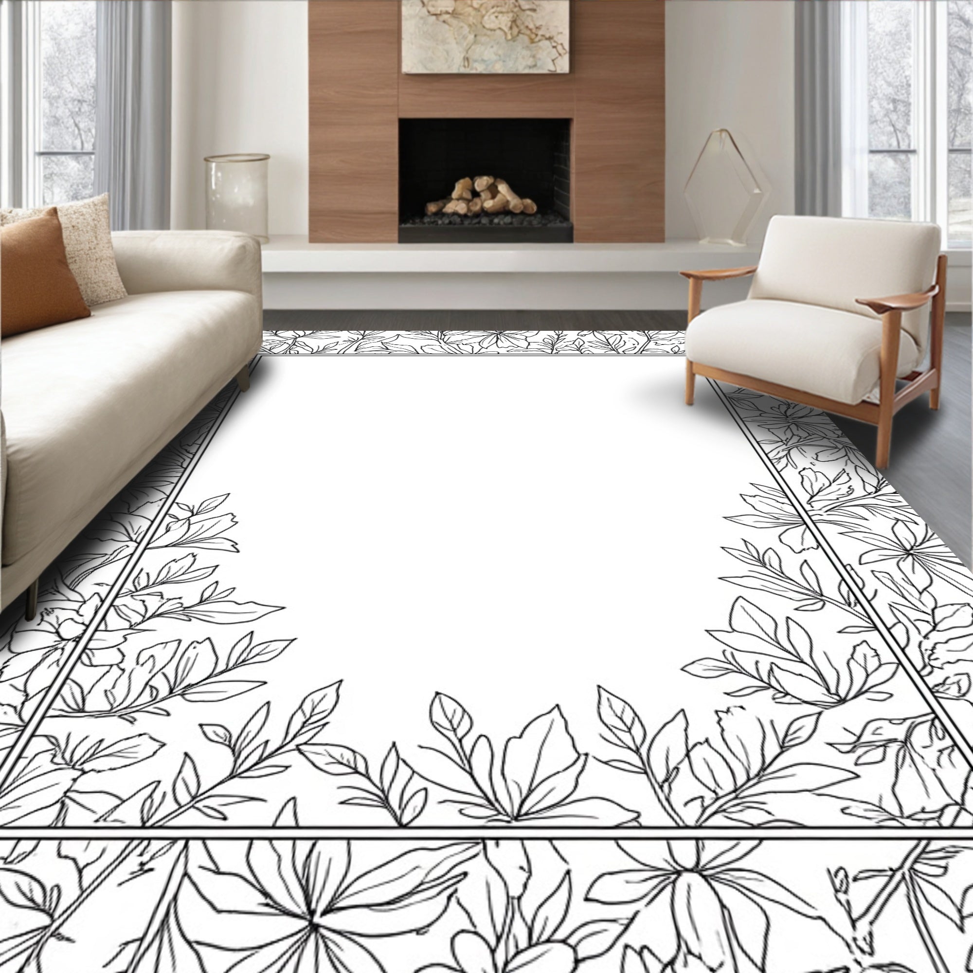 Botanical Outline Floral Pattern Rug