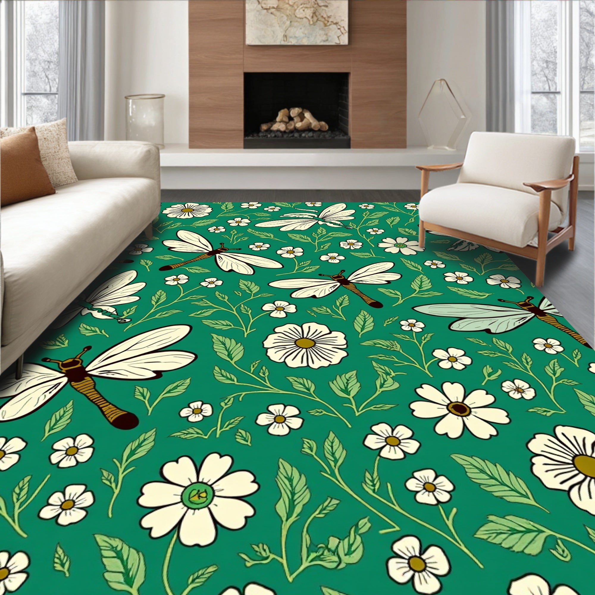 Green Dragonflies Daisy Floral Pattern Rug