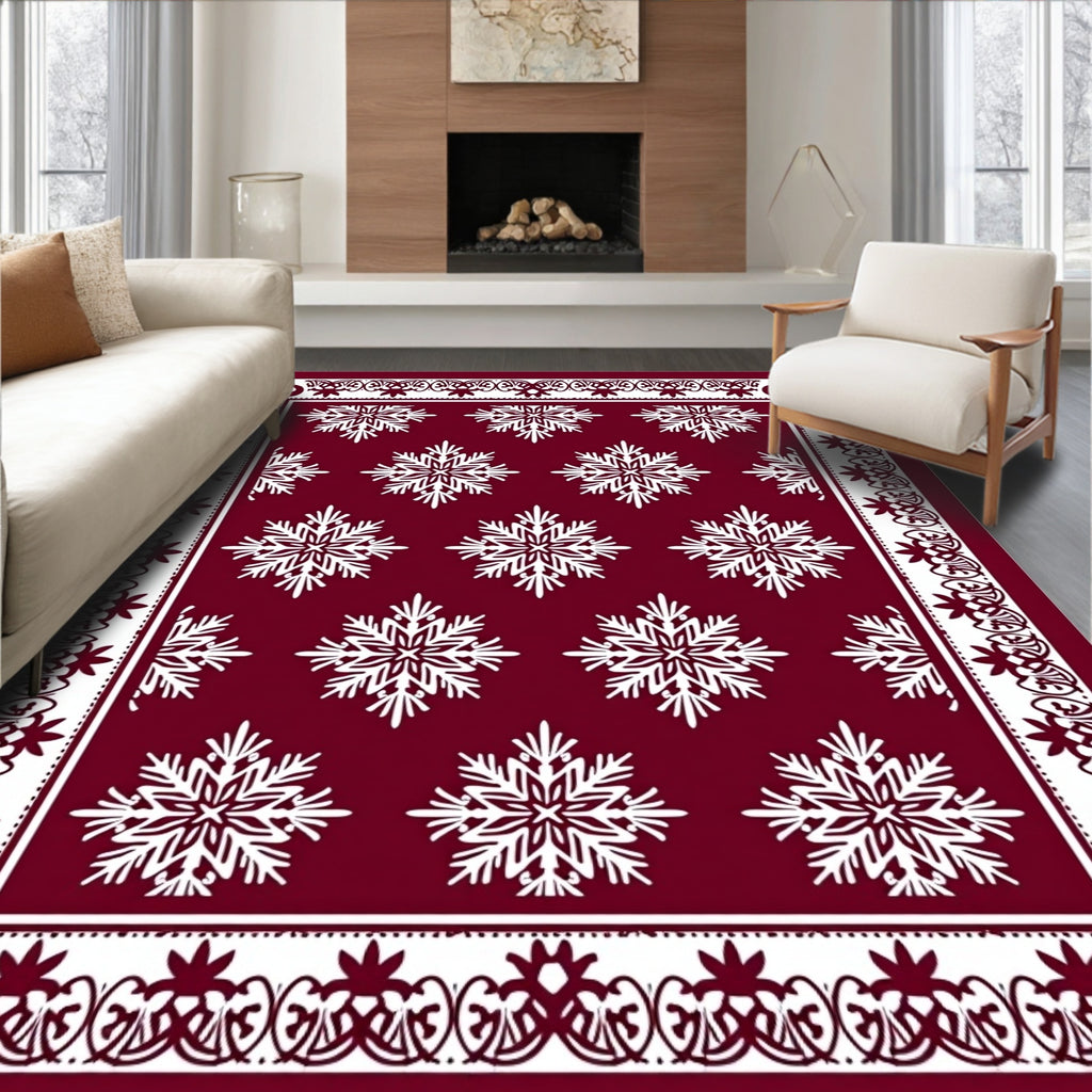 Crimson Snowflake Geometric Border Rug
